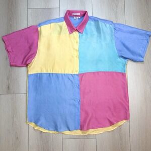 VTG 90s High Advantage Silk Colorblock Button Shirt Women 40 Oversized Retro Top